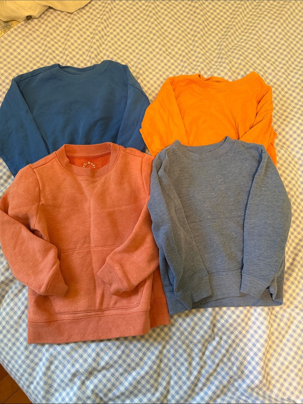 Primary Kids Sweatshirt Set in Blue, Orange, Rust, and Heather Gray